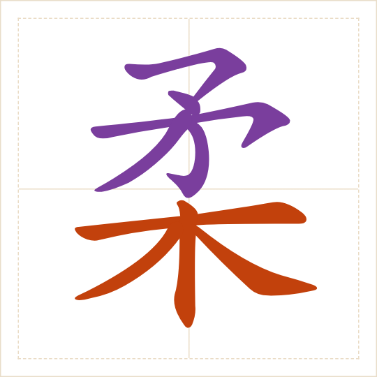 The character 柔 (róu) with each of its parts in a different colour