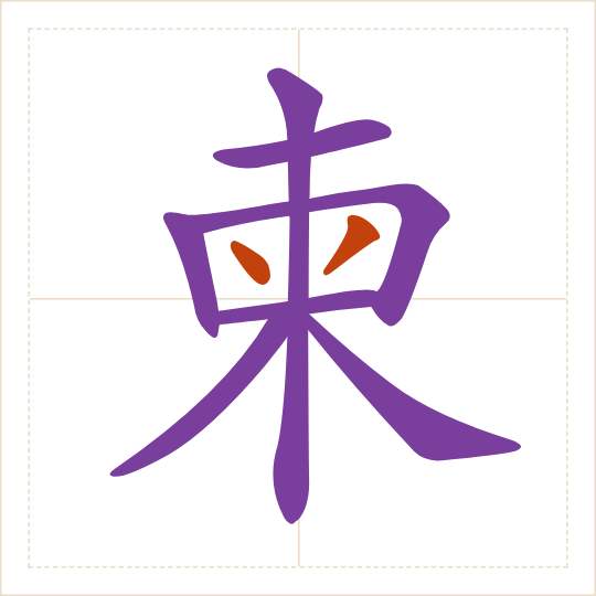 The character 柬 (jiǎn) with each of its parts in a different colour