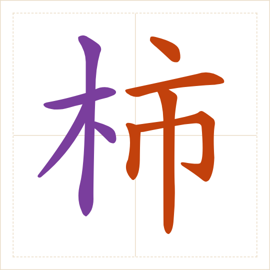 The character 柿 (shì) with each of its parts in a different colour