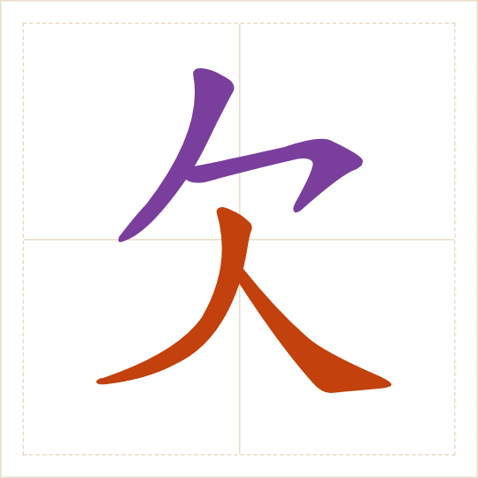 The character 欠 (qiàn) with each of its parts in a different colour