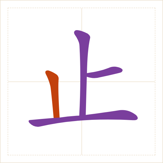 The character 止 (zhǐ) with each of its parts in a different colour