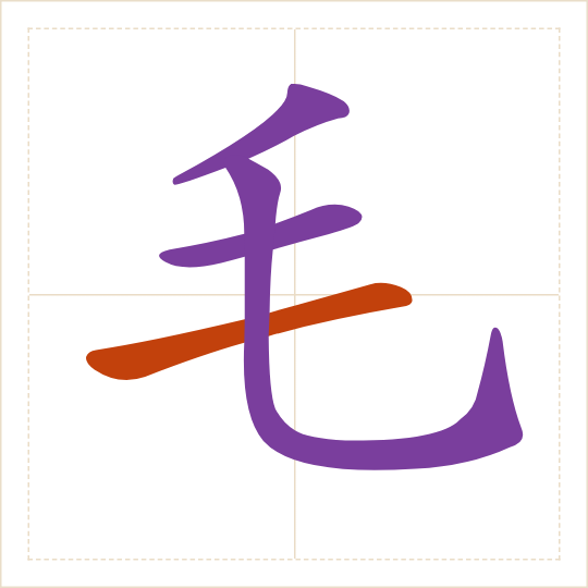 The character 毛 (máo) with each of its parts in a different colour