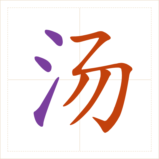 The character 汤 (tāng) with each of its parts in a different colour