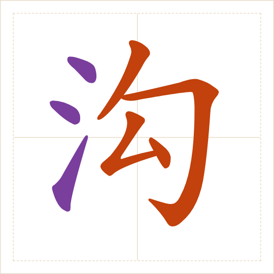The character 沟 (gōu) with each of its parts in a different colour