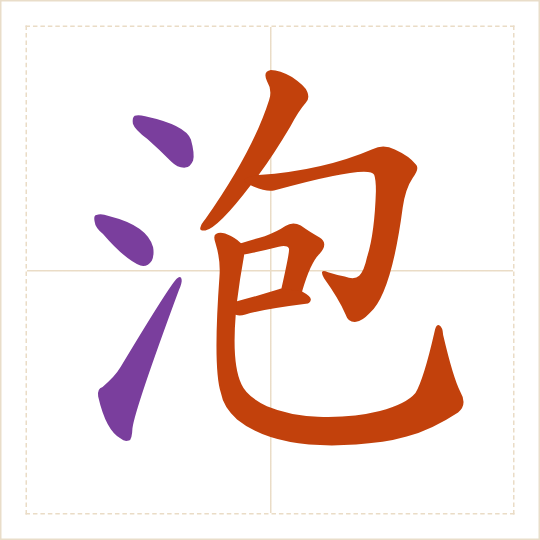 The character 泡 (pào) with each of its parts in a different colour