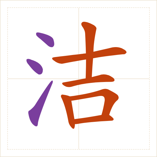 The character 洁 (jié) with each of its parts in a different colour