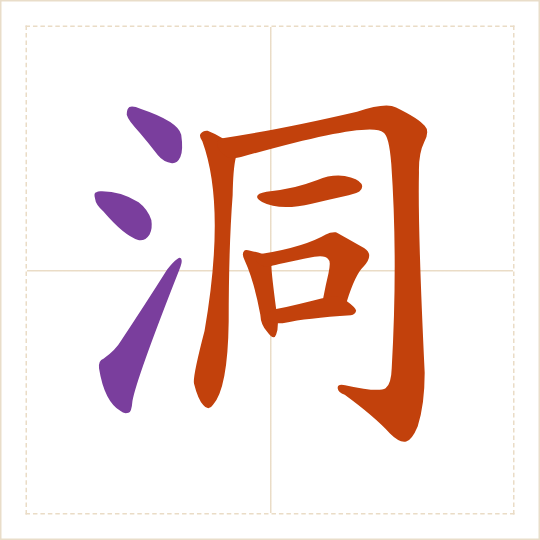 The character 洞 (dòng) with each of its parts in a different colour