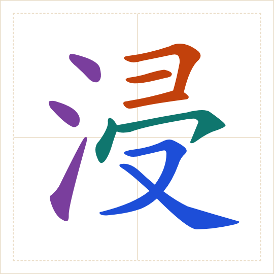 The character 浸 (jìn) with each of its parts in a different colour