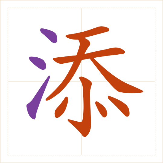 The character 添 (tiān) with each of its parts in a different colour