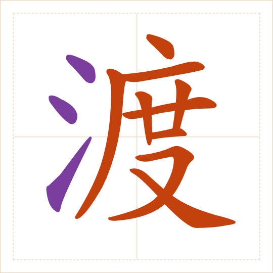 The character 渡 (dù) with each of its parts in a different colour