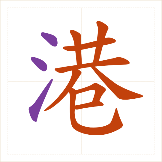 The character 港 (gǎng) with each of its parts in a different colour