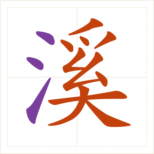 The character 溪 (xī) with each of its parts in a different colour