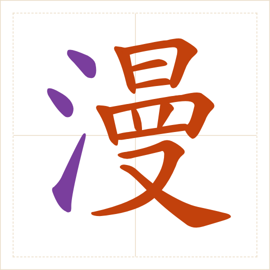 The character 漫 (màn) with each of its parts in a different colour