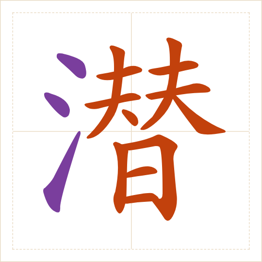 The character 潜 (qián) with each of its parts in a different colour