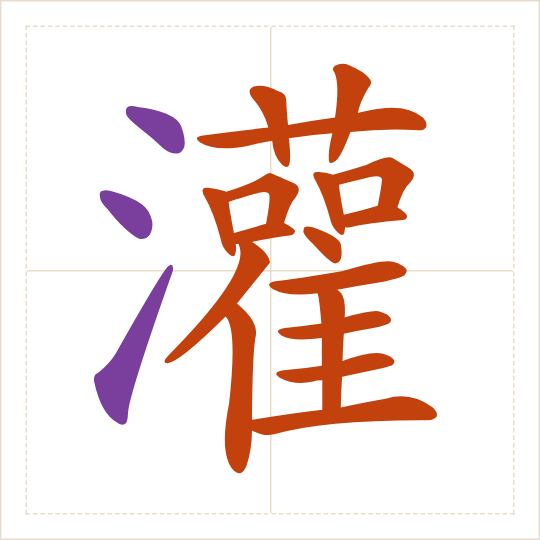 The character 灌 (guàn) with each of its parts in a different colour