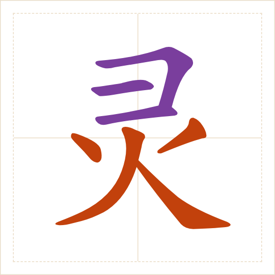 The character 灵 (líng) with each of its parts in a different colour