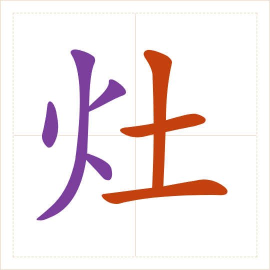 The character 灶 (zào) with each of its parts in a different colour