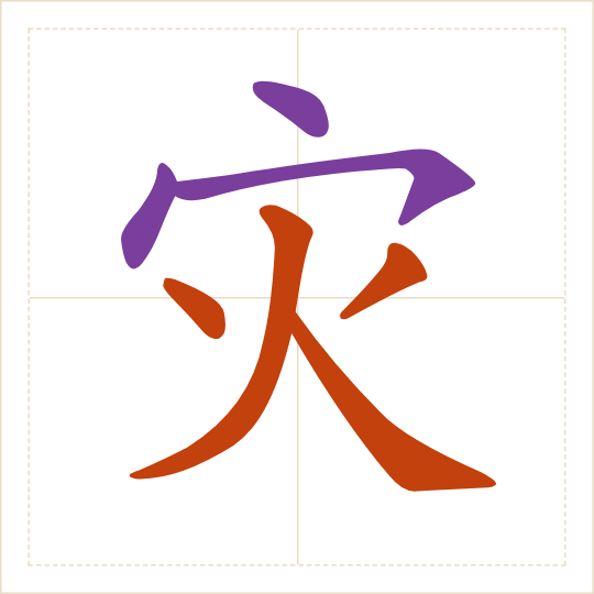 The character 灾 (zāi) with each of its parts in a different colour