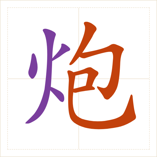 The character 炮 (pào) with each of its parts in a different colour