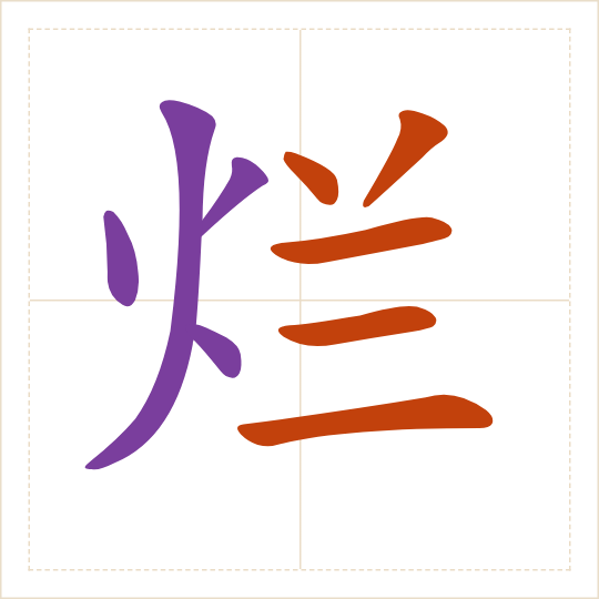 The character 烂 (làn) with each of its parts in a different colour