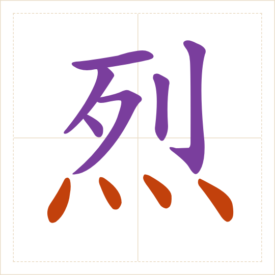 The character 烈 (liè) with each of its parts in a different colour