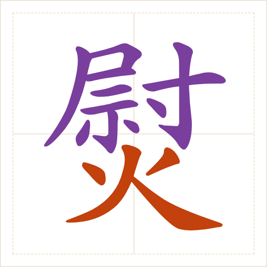 The character 熨 (yùn) with each of its parts in a different colour