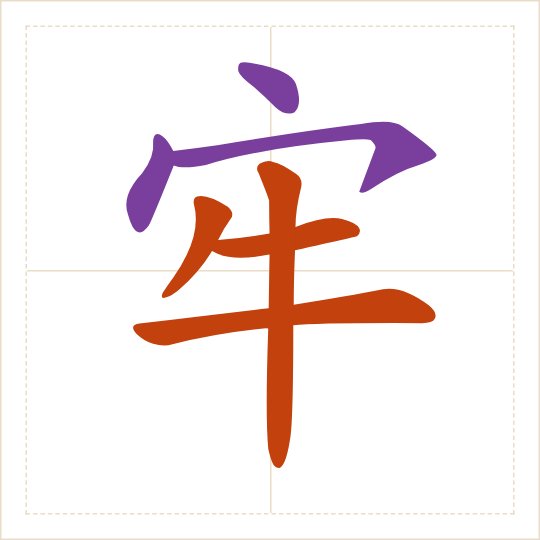 The character 牢 (láo) with each of its parts in a different colour