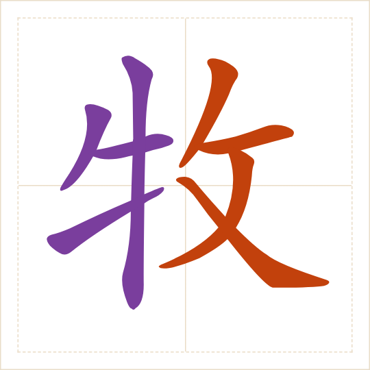 The character 牧 (mù) with each of its parts in a different colour