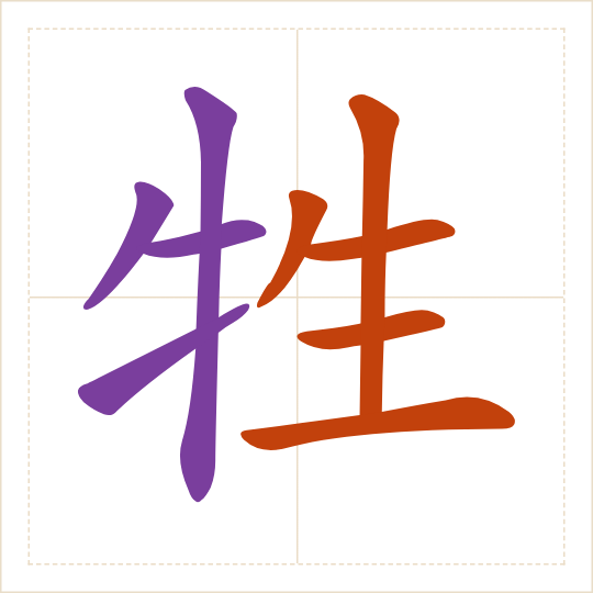 The character 牲 (shēng) with each of its parts in a different colour