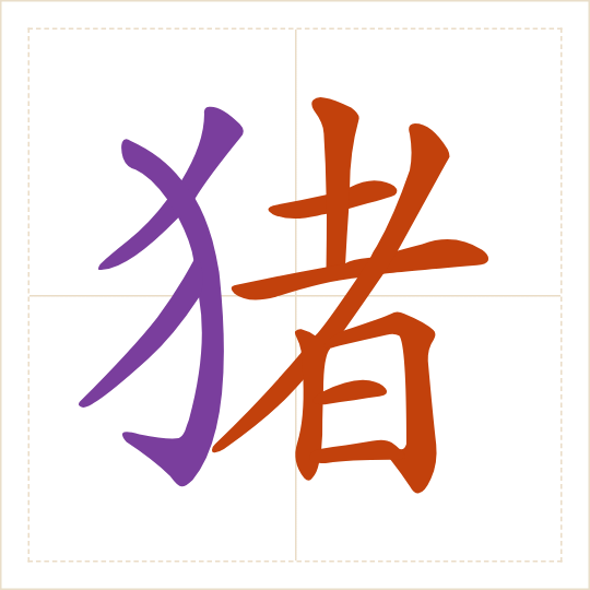 The character 猪 (zhū) with each of its parts in a different colour