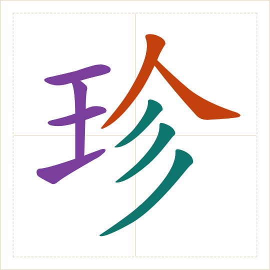 The character 珍 (zhēn) with each of its parts in a different colour