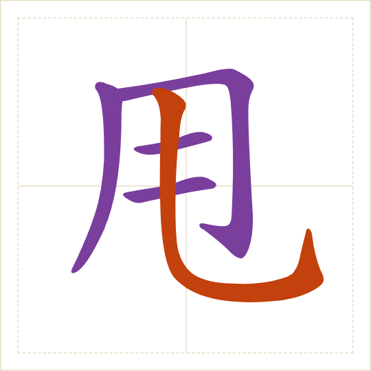 The character 甩 (shuǎi) with each of its parts in a different colour