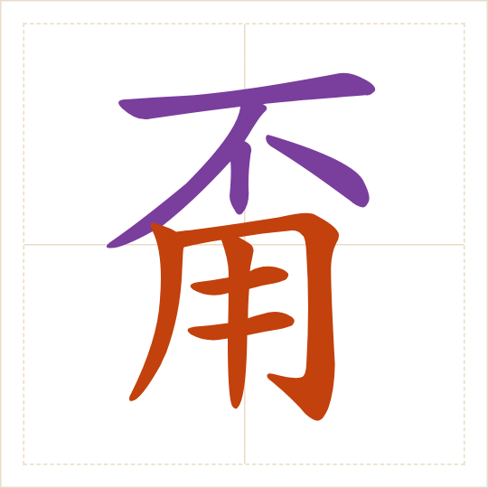 The character 甭 (béng) with each of its parts in a different colour