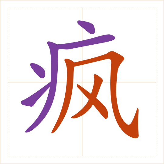 The character 疯 (fēng) with each of its parts in a different colour