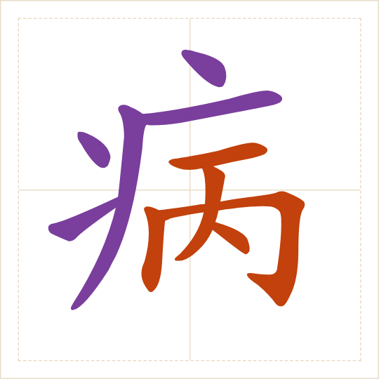 The character 病 (bìng) with each of its parts in a different colour