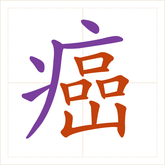 The character 癌 (ái) with each of its parts in a different colour