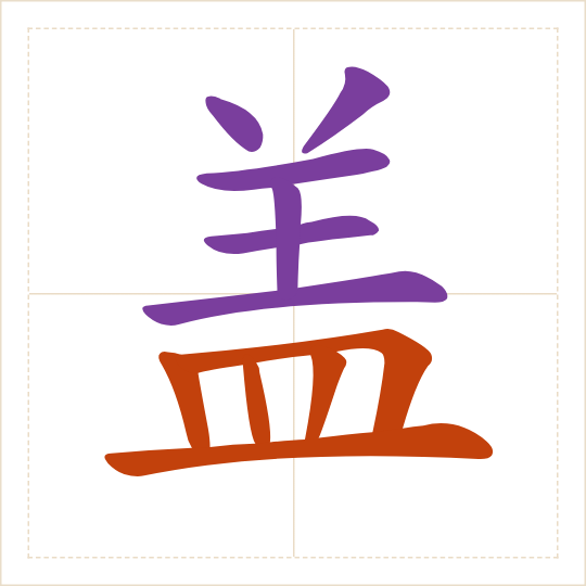 The character 盖 (gài) with each of its parts in a different colour