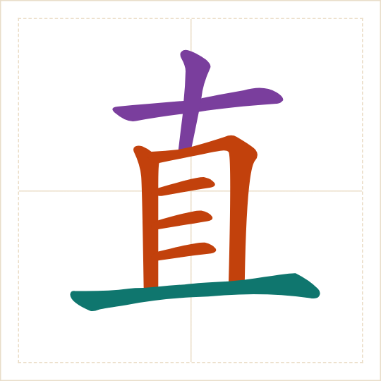The character 直 (zhí) with each of its parts in a different colour