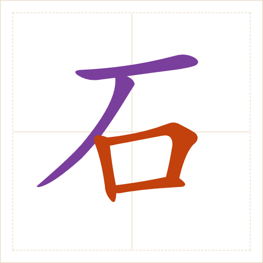 The character 石 (shí) with each of its parts in a different colour
