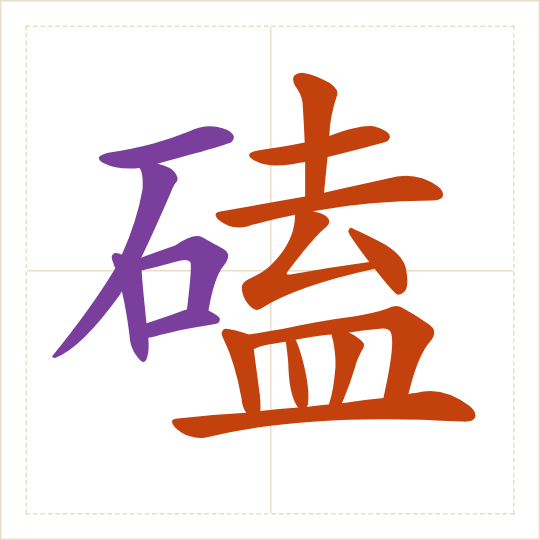 The character 磕 (kē) with each of its parts in a different colour