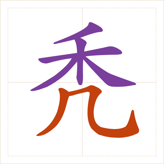 The character 秃 (tū) with each of its parts in a different colour