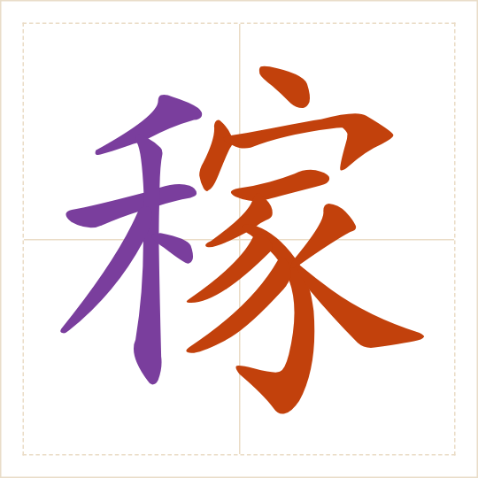 The character 稼 (jià) with each of its parts in a different colour