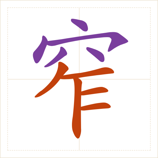 The character 窄 (zhǎi) with each of its parts in a different colour