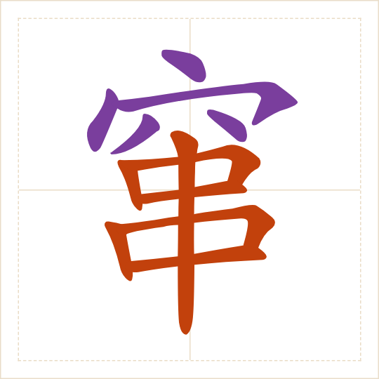 The character 窜 (cuàn) with each of its parts in a different colour