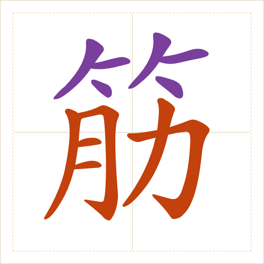 The character 筋 (jīn) with each of its parts in a different colour
