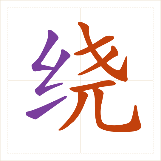The character 绕 (rào) with each of its parts in a different colour