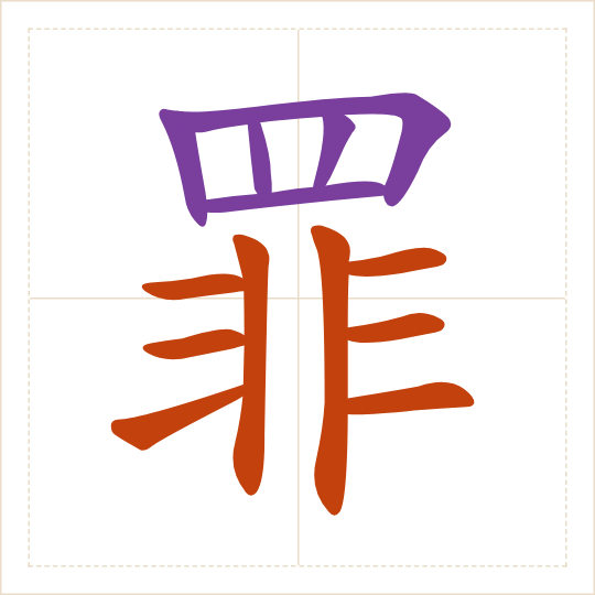 The character 罪 (zuì) with each of its parts in a different colour