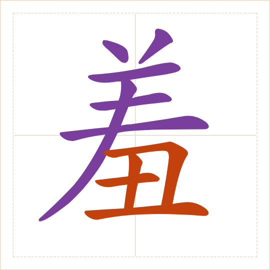 The character 羞 (xiū) with each of its parts in a different colour