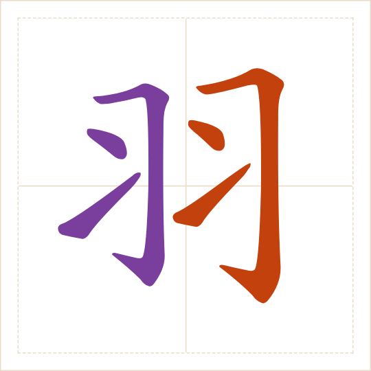 The character 羽 (yǔ) with each of its parts in a different colour