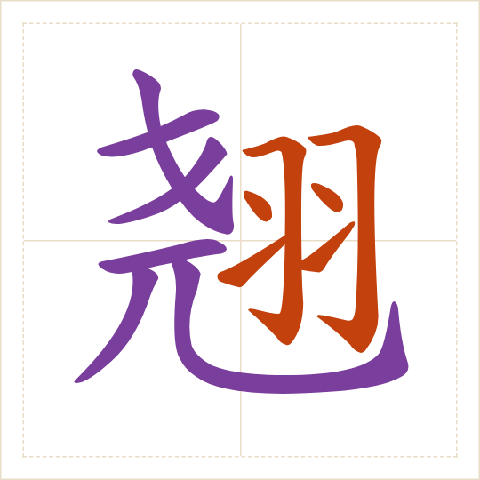 The character 翘 (qiào) with each of its parts in a different colour